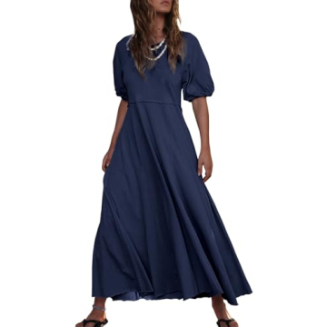Acelitt Women Casual Fashion 2024 Summer Crewneck Puff Sleeve Midi Dress High Waist Flowy A Line Dre...