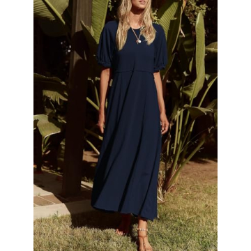 Acelitt Women Casual Fashion 2024 Summer Crewneck Puff Sleeve Midi Dress High Waist Flowy A Line Dresses Sundress Navy Blue XL