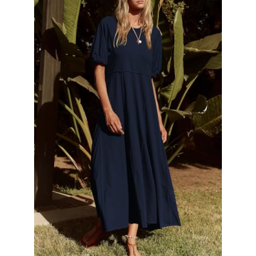 Acelitt Women Casual Fashion 2024 Summer Crewneck Puff Sleeve Midi Dress High Waist Flowy A Line Dresses Sundress Navy Blue XL