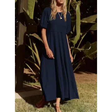 Acelitt Women Casual Fashion 2024 Summer Crewneck Puff Sleeve Midi Dress High Waist Flowy A Line Dresses Sundress Navy Blue XL