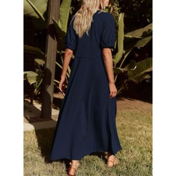Acelitt Women Casual Fashion 2024 Summer Crewneck Puff Sleeve Midi Dress High Waist Flowy A Line Dresses Sundress Navy Blue XL