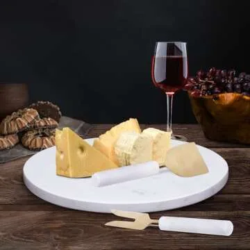 White Marble Cheese Board & Cheese Knife Set (12”), Round Cheese Board And Knife Set – Handcrafted Marble Cutting Board – Versatile Charcuterie Board & Serving Board – Cheese Board Gift Set