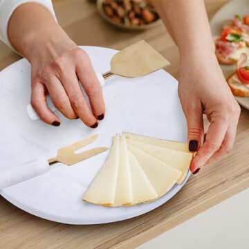 White Marble Cheese Board & Cheese Knife Set (12”), Round Cheese Board And Knife Set – Handcrafted Marble Cutting Board – Versatile Charcuterie Board & Serving Board – Cheese Board Gift Set