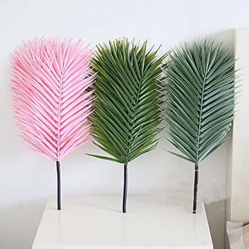 Endndsca 12 Pcs Artificial Palm Leaves Plants Faux Palm Fronds Tropical Large Palm Leaves Greenery Plant for Home Kitchen Party Arrangement Wedding Decoration (Pink)