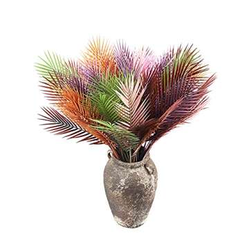 Endndsca 12 Pcs Artificial Palm Leaves Plants Faux Palm Fronds Tropical Large Palm Leaves Greenery Plant for Home Kitchen Party Arrangement Wedding Decoration (Pink)