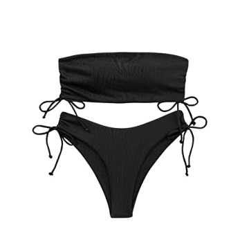 MakeMeChic Women's 2 Piece Bandeau Swimsuits Tie Side Ribbed Bikini Set Tankini Black S