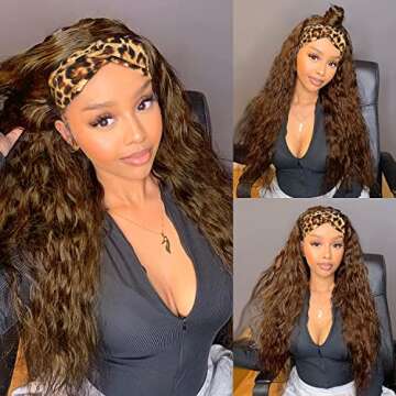 SOMIARIK Light Brown Headband Wig Loose Curly Wigs for Black Women Synthetic Curly Headband Wig Natu...