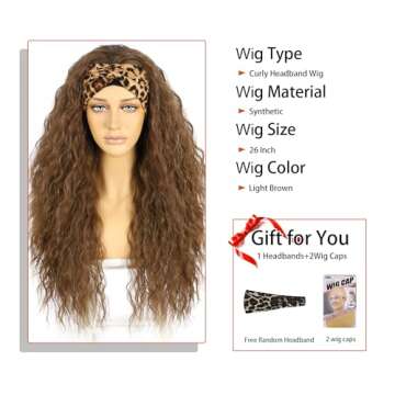 SOMIARIK Light Brown Headband Wig Loose Curly Wigs for Black Women Synthetic Curly Headband Wig Natural Hairline Glueless Wig 26 Inch 130 Density Wigs with Headbands Attached Natural for Daily Use