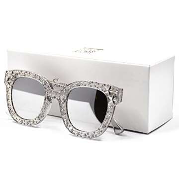 SAMURITA Vintage Star Rhinestone Cat Eye Sunglasses Novelty Celebrity Shades(Silver Mirror Lens/Clear Frame)