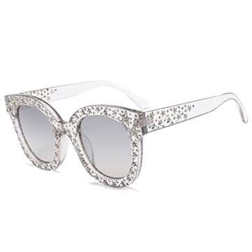 SAMURITA Vintage Star Rhinestone Cat Eye Sunglasses Novelty Celebrity Shades(Silver Mirror Lens/Clear Frame)