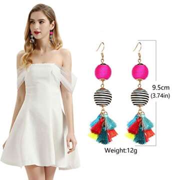 Bohemian Thread Ball Tassel Dangle Drop Earrings for Women Teen Girls Christmas Valentines Day Gift (Multicolor)