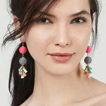Bohemian Thread Ball Tassel Dangle Drop Earrings for Women Teen Girls Christmas Valentines Day Gift (Multicolor)
