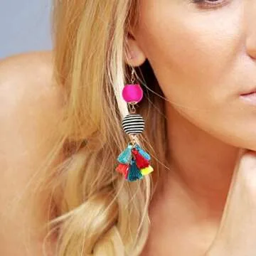 Bohemian Thread Ball Tassel Dangle Drop Earrings for Women Teen Girls Christmas Valentines Day Gift (Multicolor)