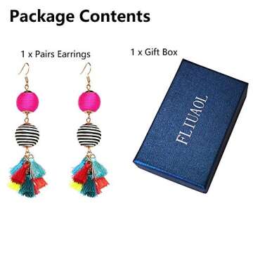 Bohemian Thread Ball Tassel Dangle Drop Earrings for Women Teen Girls Christmas Valentines Day Gift (Multicolor)
