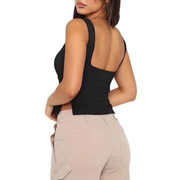 REORIA Women's Sexy Square Neck Ruched Double Lined Split Y2K Tank Crop Tops Black Small