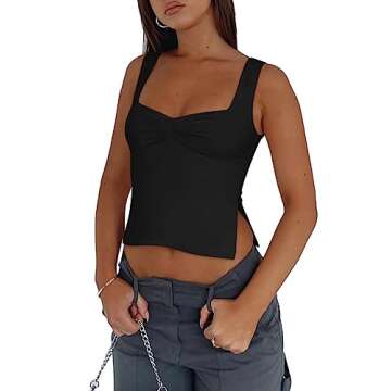 REORIA Women's Sexy Square Neck Ruched Double Lined Split Y2K Tank Crop Tops Black Small