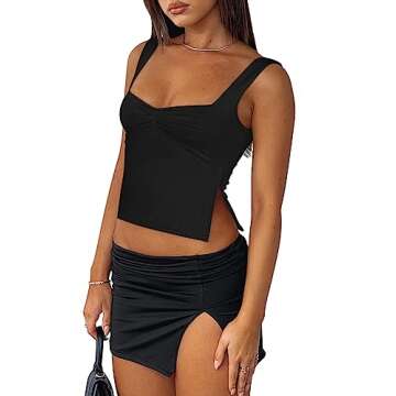 REORIA Women's Sexy Square Neck Ruched Double Lined Split Y2K Tank Crop Tops Black Small