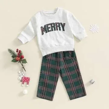 FIOMVA Toddler Baby Boy Girl Outfit Embroidered Sweatshirt Top+Plaid Pants Set Little Boy Girls Spring Fall Winter Clothes