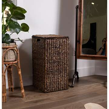 BIRDROCK HOME Single Laundry Hamper with Liner and Lid - Brown Wash - Hand Woven Natural Seagrass Fiber - Organize Clothes Storage - Easy Transport - Single Basket - Liner Bag - small