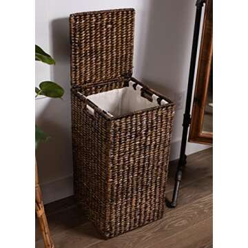 BIRDROCK HOME Single Laundry Hamper with Liner and Lid - Brown Wash - Hand Woven Natural Seagrass Fiber - Organize Clothes Storage - Easy Transport - Single Basket - Liner Bag - small