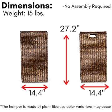 BIRDROCK HOME Single Laundry Hamper with Liner and Lid - Brown Wash - Hand Woven Natural Seagrass Fiber - Organize Clothes Storage - Easy Transport - Single Basket - Liner Bag - small