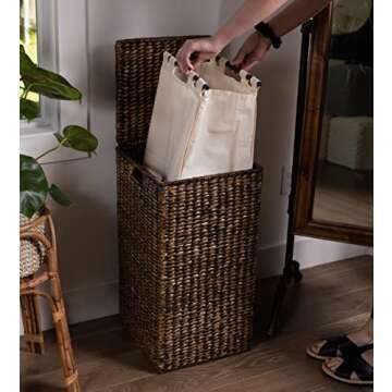 BIRDROCK HOME Single Laundry Hamper with Liner and Lid - Brown Wash - Hand Woven Natural Seagrass Fiber - Organize Clothes Storage - Easy Transport - Single Basket - Liner Bag - small