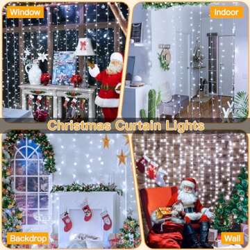 Ollny Curtain Lights 200LED 6.6x6.6ft, USB Christmas Curtain Lights Cool White with Remote 8 Modes Timer, Waterproof String Lights for Bedroom Backdrop Window Indoor Outdoor