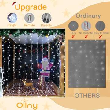 Ollny Curtain Lights 200LED 6.6x6.6ft, USB Christmas Curtain Lights Cool White with Remote 8 Modes Timer, Waterproof String Lights for Bedroom Backdrop Window Indoor Outdoor
