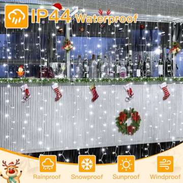 Ollny Curtain Lights 200LED 6.6x6.6ft, USB Christmas Curtain Lights Cool White with Remote 8 Modes Timer, Waterproof String Lights for Bedroom Backdrop Window Indoor Outdoor