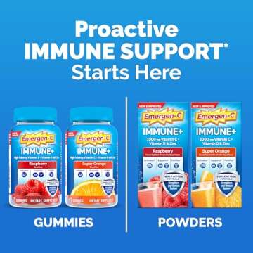 Emergen-C Immune+ Immune Gummies, Vitamin D Plus 750 mg Vitamin C, Immune Support Dietary Supplement, Caffeine Free, Gluten Free, Raspberry Flavor - 45 Count
