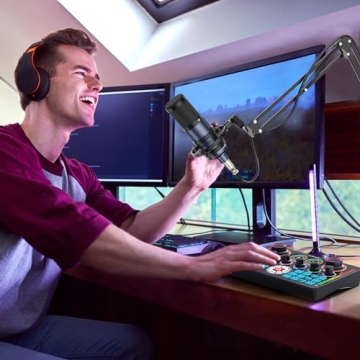 Podcast Equipment Bundle, Keten All-in-One Audio Interface DJ Mixer with 2 XLR Condenser Microphones, Recording Studio Kit Live Sound Card for Singing Broadcast/Live Streaming/Gaming/Voice Over