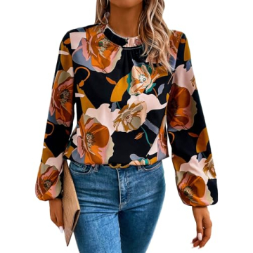 MakeMeChic Women's Boho Lantern Long Sleeve Tops Floral Print Round Neck Casual Blouse Multicolor S