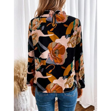 MakeMeChic Women's Boho Lantern Long Sleeve Tops Floral Print Round Neck Casual Blouse Multicolor S