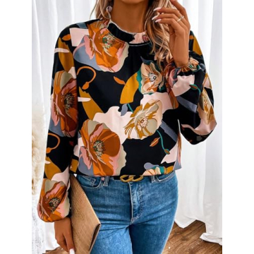 MakeMeChic Women's Boho Lantern Long Sleeve Tops Floral Print Round Neck Casual Blouse Multicolor S