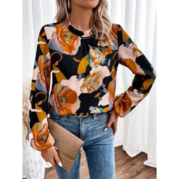 MakeMeChic Women's Boho Lantern Long Sleeve Tops Floral Print Round Neck Casual Blouse Multicolor S