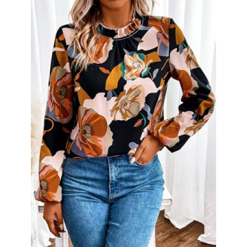 MakeMeChic Women's Boho Lantern Long Sleeve Tops Floral Print Round Neck Casual Blouse Multicolor S