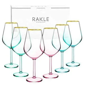 RAKLE Colored Wine Glasses – Set of 6 Long Stem Wine Glasses – 16.5oz Colored Glassware Set for Red and White Wine – Elegant Gold-Rimmed Modern Wine Glasses – Ideal for Bar, Home, Restaurant
