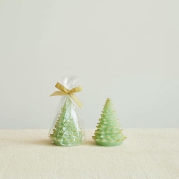 Creative Co-Op Round Holiday Tree Shaped Candle with Gold Tips, Mint Color