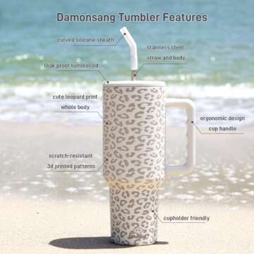 Damonsang Leopard Print 40 oz Tumbler with Handle Lid and Straw,Insulated Stainless Steel Water Bott...