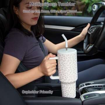 Damonsang Leopard Print 40 oz Tumbler with Handle Lid and Straw,Insulated Stainless Steel Water Bottle Iced Coffee Tumbler Cups,Cupholder Friendly,Perfect Gifts for Women Men - Milky White/Rose Dust