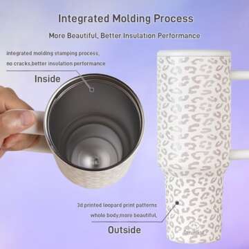 Damonsang Leopard Print 40 oz Tumbler with Handle Lid and Straw,Insulated Stainless Steel Water Bottle Iced Coffee Tumbler Cups,Cupholder Friendly,Perfect Gifts for Women Men - Milky White/Rose Dust