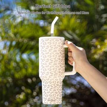Damonsang Leopard Print 40 oz Tumbler with Handle Lid and Straw,Insulated Stainless Steel Water Bottle Iced Coffee Tumbler Cups,Cupholder Friendly,Perfect Gifts for Women Men - Milky White/Rose Dust