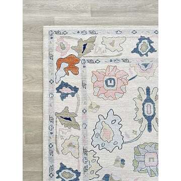 Cream Oushak Rug, Modern Small Rugs, Vintage, Turkish, Eclectic, Floral, Pastel, Washable, Door Mat, Doormat for Indoor Entrance, Entryway, Kitchen, Bathroom, Bedroom, Laundry, 2'x3'