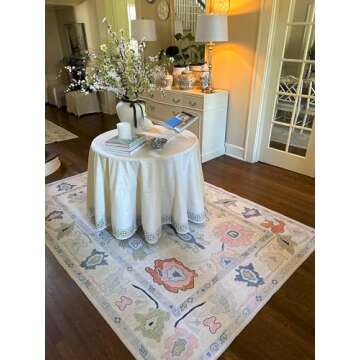 Cream Oushak Rug, Modern Small Rugs, Vintage, Turkish, Eclectic, Floral, Pastel, Washable, Door Mat, Doormat for Indoor Entrance, Entryway, Kitchen, Bathroom, Bedroom, Laundry, 2'x3'