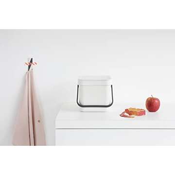 Brabantia Sort & Go Food Waste Trash Can (1.6 Gal / White) Small Countertop Kitchen Compost Caddy with Handle & Removable Lid, Easy Clean, Fixtures included for Wall/Cupboard Mounting