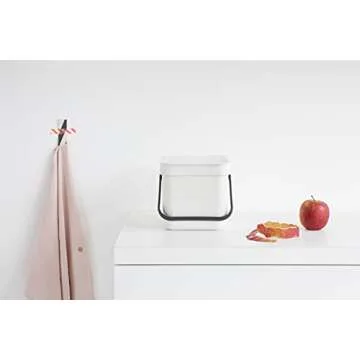 Brabantia Sort & Go Food Waste Trash Can (1.6 Gal / White) Small Countertop Kitchen Compost Caddy with Handle & Removable Lid, Easy Clean, Fixtures included for Wall/Cupboard Mounting