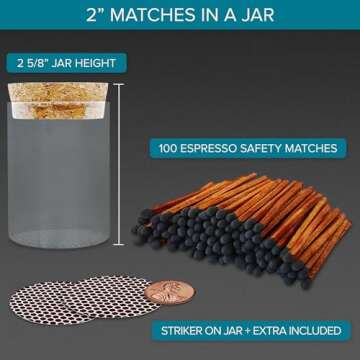 2" Espresso Matches in a Jar + Striker Stickers Included | 100 Brown Stick Black Tip Decorative Safe...