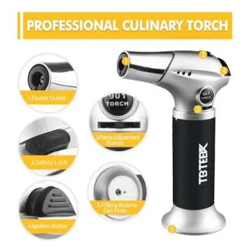 TBTEEK Butane Torch, Kitchen Torch Cooking Torch with Safety Lock & Adjustable Flame for Cooking, BBQ, Baking, Brulee, Creme, DIY Soldering(Butane Not Included)