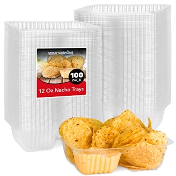 12oz Plastic Nacho Trays (100 Pack) Small Disposable Tray for Nachos & Cheese Dip, Concession Stand ...
