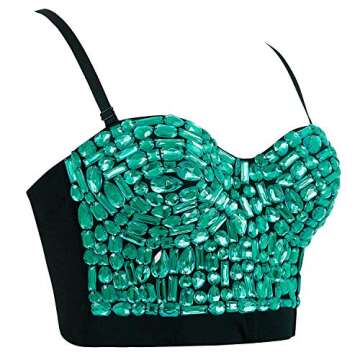 Charmian Women's Spaghetti Straps Rhinestone Beaded Push Up Bra Studded Gem Clubwear Party Bustier Crop Top Green Large